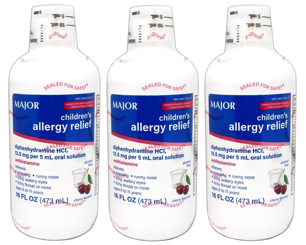 MAJOR Children's Allergy Relief Diphenhydramine HCI 12.5mg/5 mL Oral Solution, Cherry Flavored, 16 FL OZ (Pack of 3)