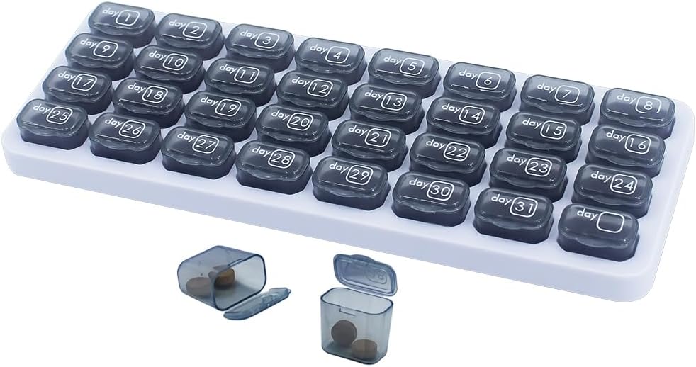 Kontainer Pill Monthly, Kotak Pil Perjalanan Besar 31 Hari, Kasus Pil KB, Kontainer Pill untuk Vitamin, Medicine, Suplemen, Minyak Ikan, Grey