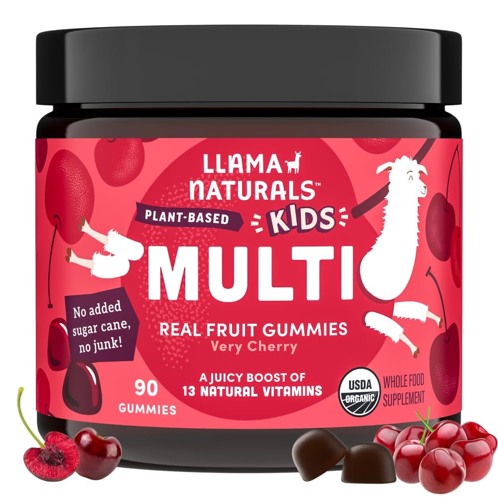 Anak Llama Multivitamin Gummies, Vegan, Organik dengan Vitamin D, C & K, Toddler Real Fruit Vitamin, Supplemen Chewable Food Multivitamin, No Added Sugar Cane, Cherry, 90 Ct
