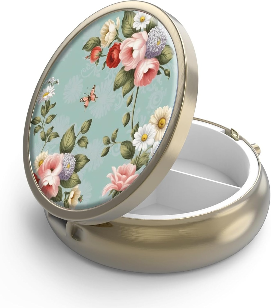 Pill Case Pill Box dengan Mirror Retro 3 Kompartemen Kasus Kecil Pil Kecil untuk Purse atau Pocket Bronze Kotak Pil Kecil Roud, Vitamin, Minyak Ikan, Suplemen, Pill Containe Travel Gifts Retro Green Floral