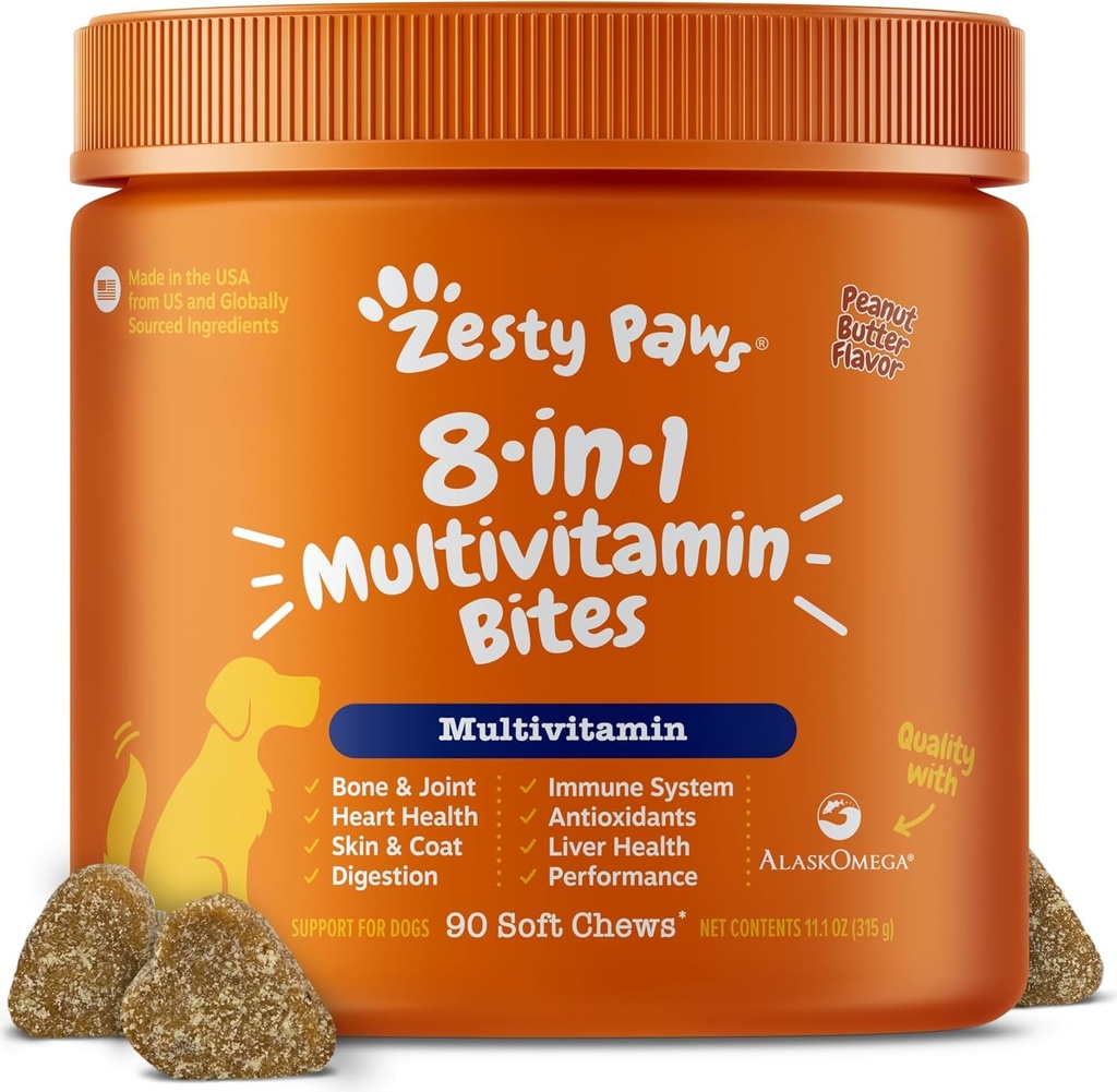Zesty Paws Multivitamin Treats for Dogs, Glucosamin Chondroitin Jouring Dukung + Digetical Enzymes & Progories, Grain Free Dog Vitamin dan Suplemen untuk Skin & Coat, Peanut Butter - 90ct