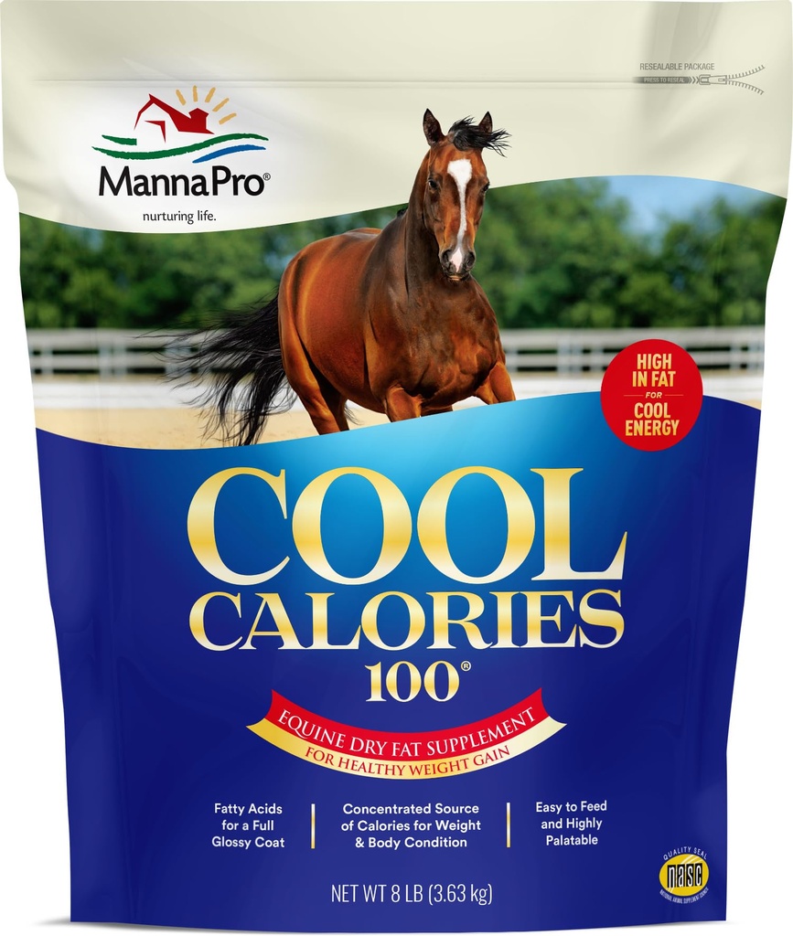 Manna Pro Cool Calories 100 - Equine Fat Supplement for Horses, Supports Healthy Weight Weight Gain, Muscle Maintenance & Shiny Coat, konsentrasi Dry Fat Calorie Booster, Lowch Formula-Starch, 8 lb Bag