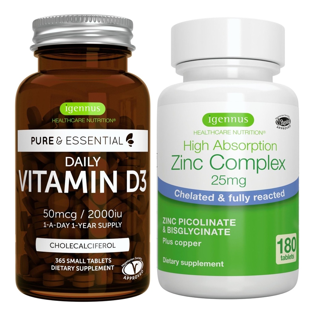Daily Vitamin D3 + Zinc Complex Vegetarian Bundle, 365 2000iu Vitamin D3 Tablets + 25mg Cherid Zinc Picolinate & Bisglycinate dengan Copper, oleh Igennus