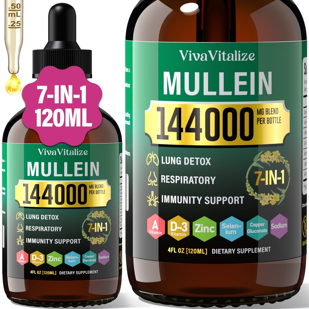 Mulein Drops for Lungs, 144000mg Mullein Leaf Extract for Lungs Cleanse & Respiratory Heally Breathing Immune, Digetical System, Natural Herbal Supplemen Sugar & Alcohol- Free, 120-Day Supply
