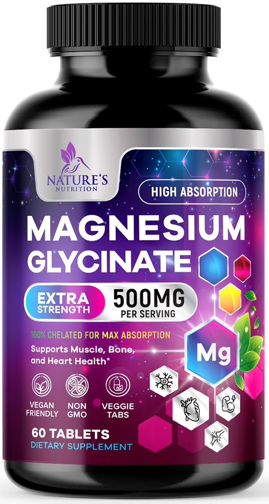 Magnesium Glycinate 500mg - Dilengkapi untuk Ledakan Ultra - Mendukung Bone, Muscle, Nerves & Heart Health, Dukungan Alam, Pil Suplemen Magnesium Terbaik untuk Dukungan Tubuh Seluruh - 60 Tablet