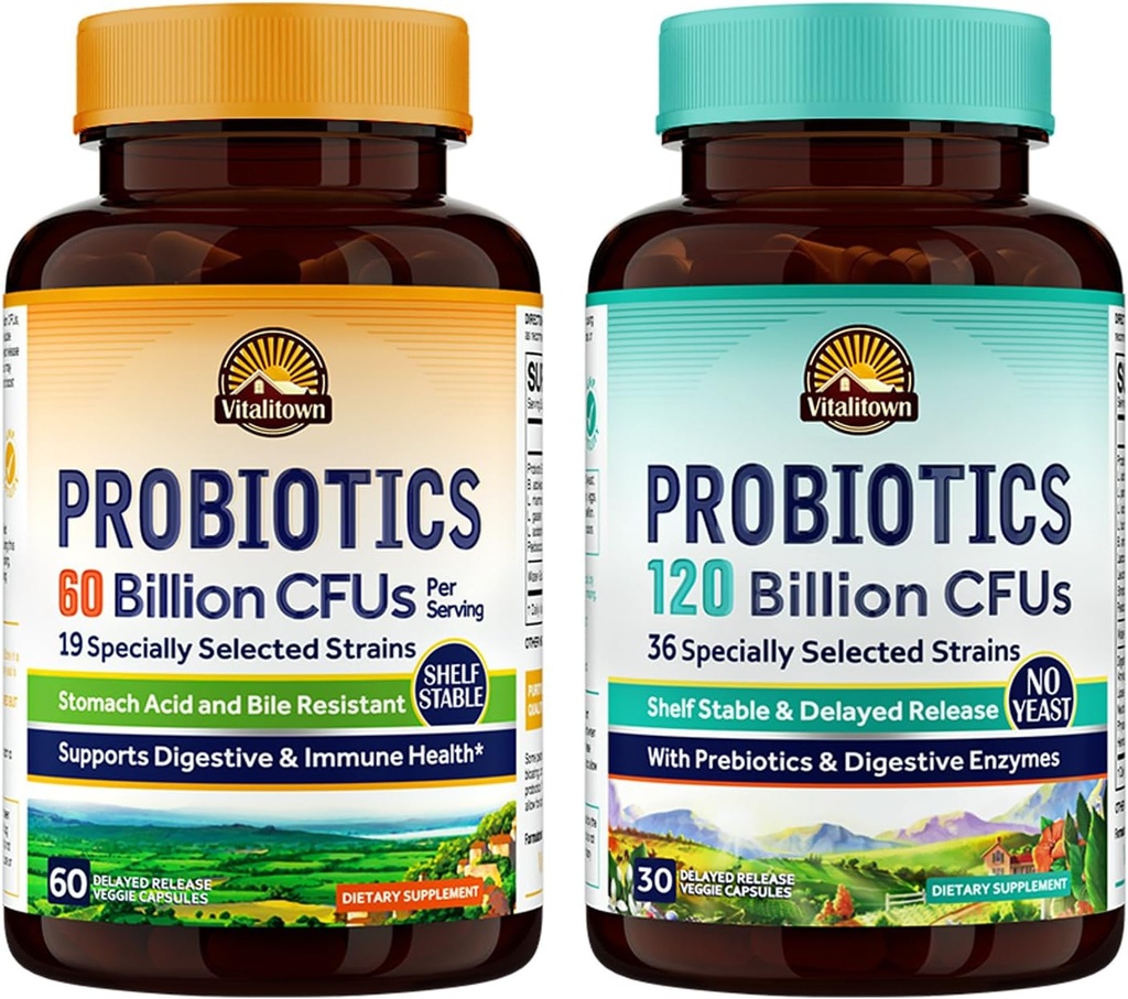 Vitalitown Probiotic Bundle (Pack of 2) Provinsi 124; 60 Milyar CFUs (Item 1) & Progorida 120 Miliar CFUs (Item 2) Shelf Stable 124; Digetice & Imune Kesehatan 124; 30 Hari Persediaan Hari