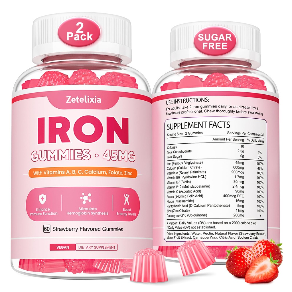 Vegan 2 Pack Iron Suplement Gummies for Women & Men, Anemia, Blood Builder & Energy Support for Iron Deficiency, with Vitamin C, A, B Complex, Flolate, CoQ10, Sugar Free, Non-GMO, 120 Count