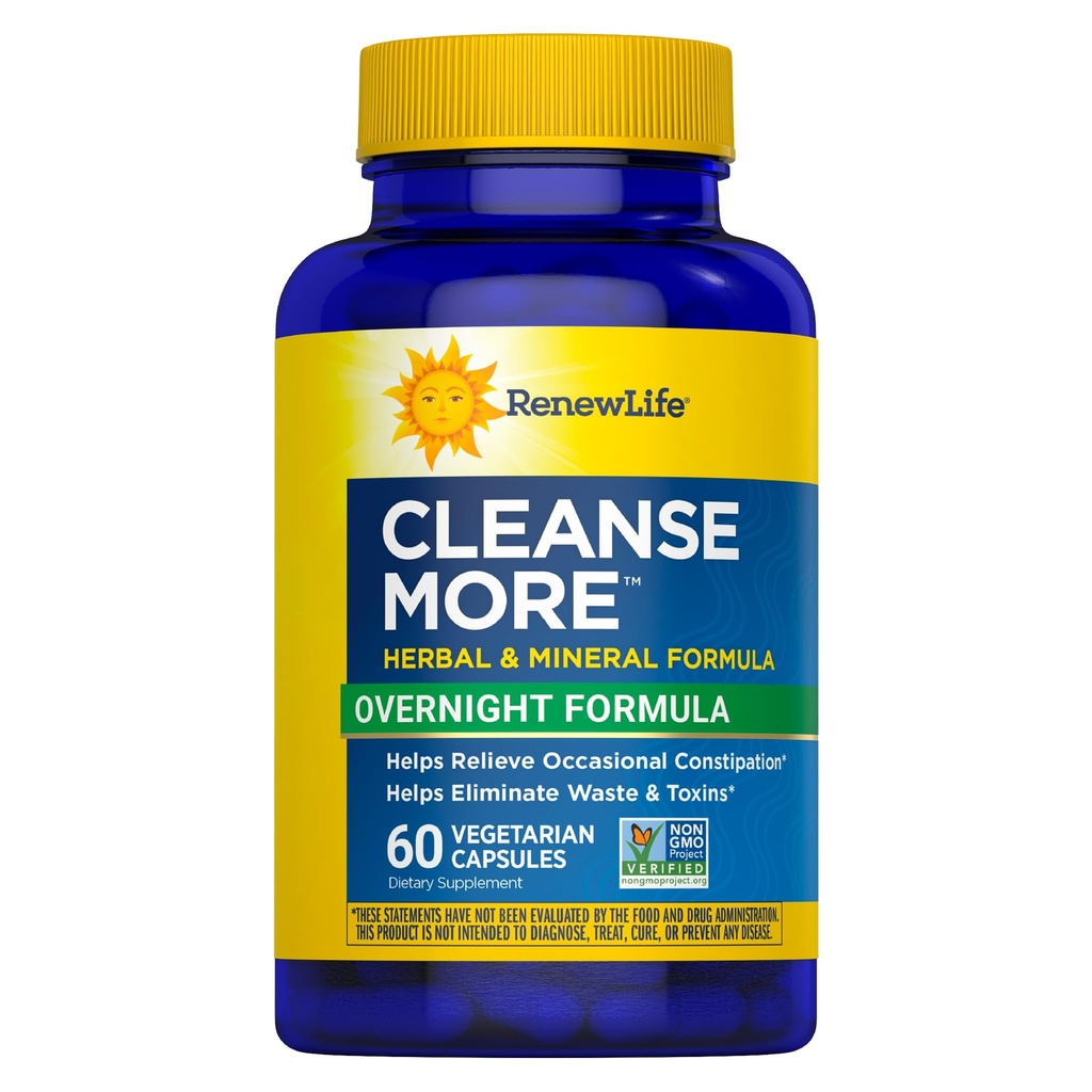 Renew Life Cleanse More Herbal Formula dengan Magnesium untuk Relief Sembelit Semalaman; Membantu Pembuangan Produk dan Penghapusan Toxin; Gluten, Dairy dan Soy Free; 60 Vegetarian Capsules *