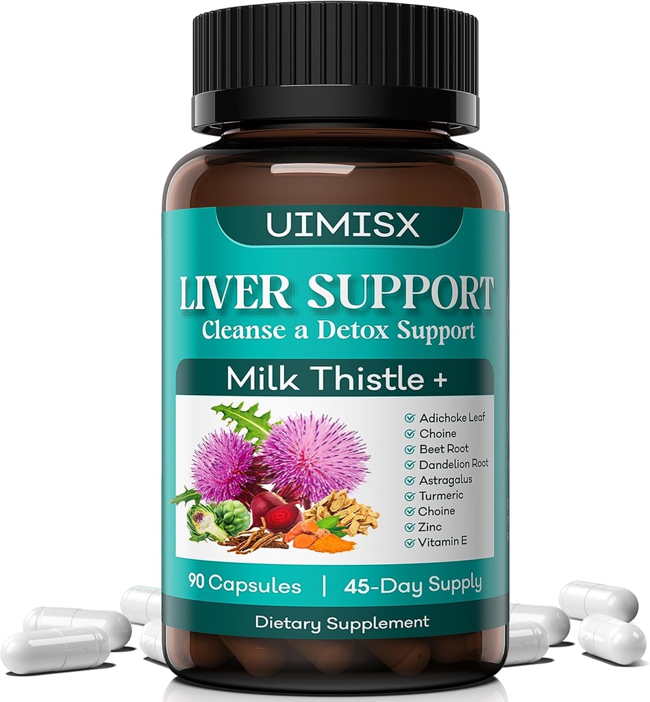 Suplemen Thistle Milk - Liver Detox Cleanse Formula Herbal Liver Dukungan untuk Milk Thistle Root, Dandelion, Artichoke, Turmerac, Astragalus untuk Kesehatan Hati, 90 Capsules