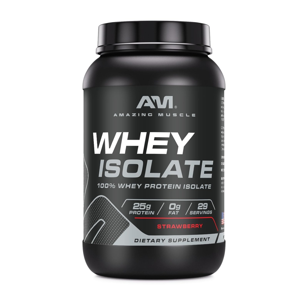 Amazing Muscle Whey Protein Isolain Powder 124; 25 Grams Protein Per Serving 14; 100% Whey Isolate 14; Zero Fat 124; Made in USA (2 Lb, Strawberry)