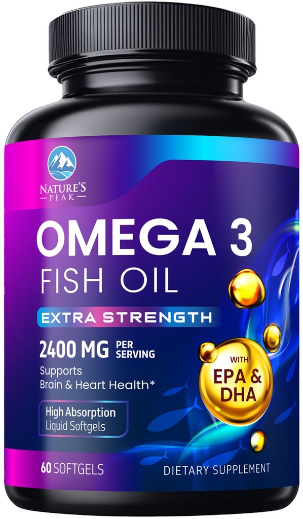 Omega 3 Fish Oil 2400 mg Suplement, Sumpably Softgels Triple Power - 3 Suffels, Dukungan Kesehatan Otak, EPA & DHA Fish Oil Fatty Acids Suplemen, Gluten & GMO Bebas, 60 Softgels