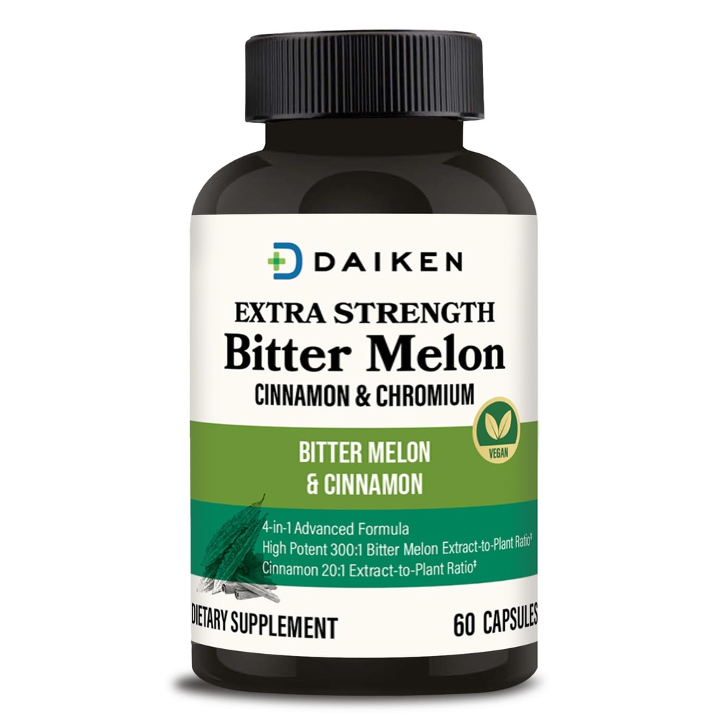 DAIKEN Bitter Melon, Cinnamon & Chromium, 90.000 mg Equivalen Per Serving Extra Energy, 100% Vegetarian Bitter Melon Capsules dengan Cinnamon Chromium & Zinc, 60 Capsules
