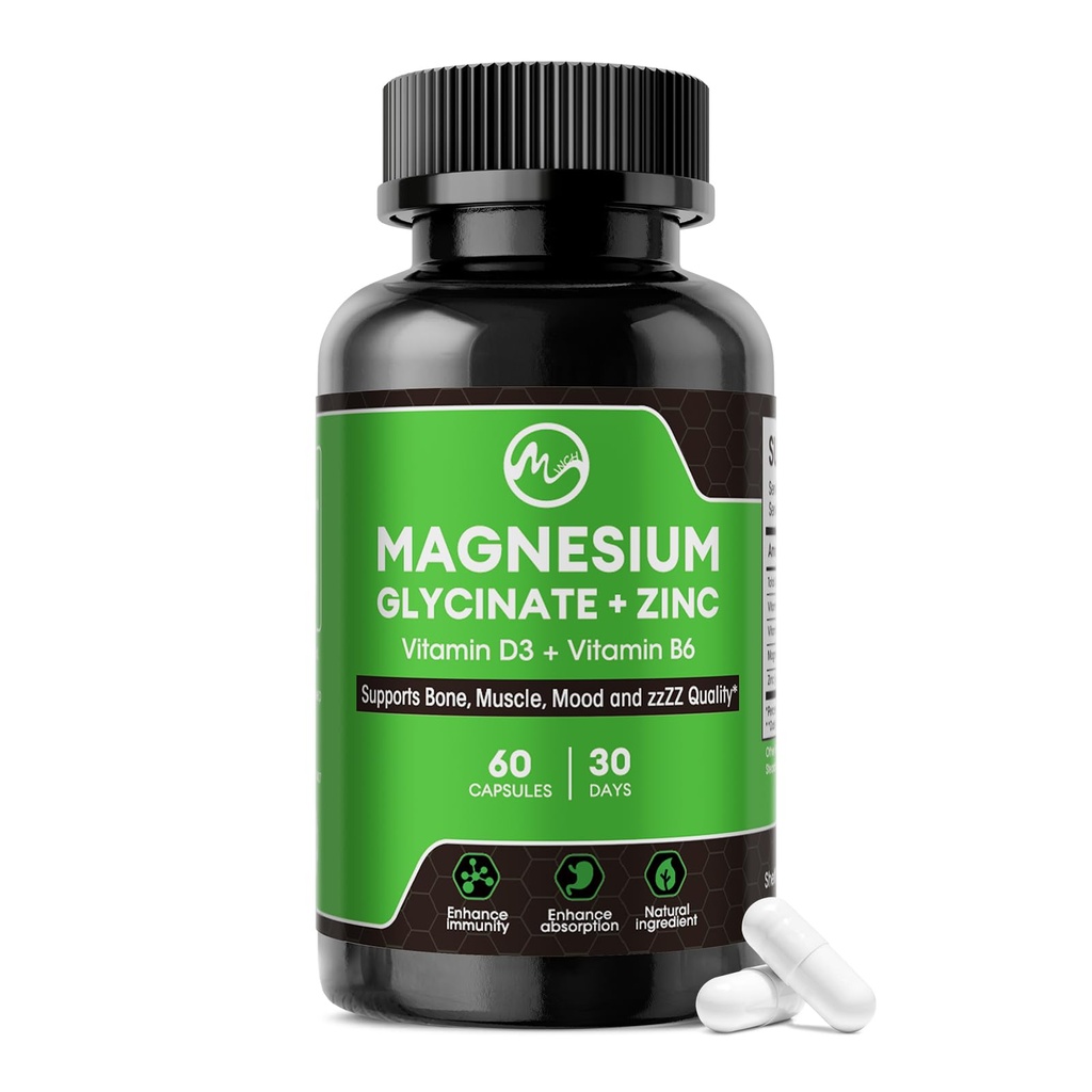 Magnesium Glycinate Capsules, Magnesium Glycinate Suplemen dengan Zinc, Vitamin D3 & B6 - Promotes Nerve, Bowel, Relaxation Fungsi - 60 Vegan Capsules