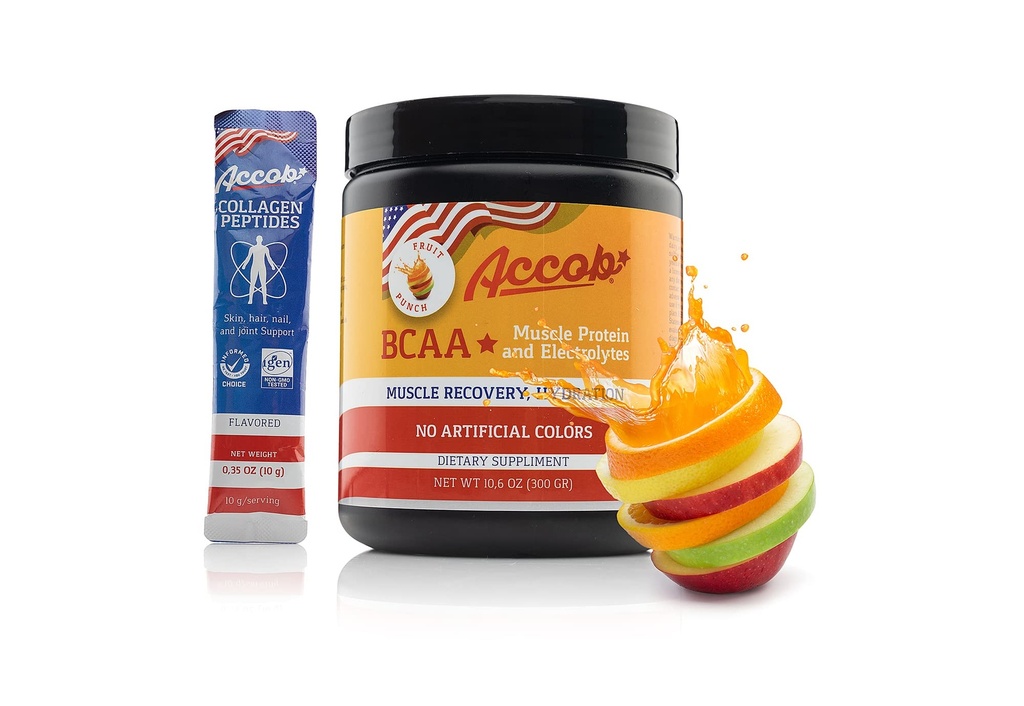 BCAA Powder Fruit Punch-Pre atau Post Workout, Muscle Recovery Drinder with Amino Acids + Electrolytes, 7.2g BCCAs for Men and Women-30 Servings + 10g of Collagen Peptides
