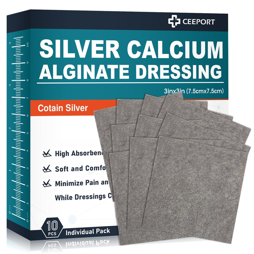 Ag Silver Calcium Alginate Wound Dressing Pads 3 "x 3" (Pack of 10), Soft Soft Absorbend Silver Wound Dressing, Non-Adhesive Dressing for Wound Care, Pause Removal Gauze Pads untuk Luka
