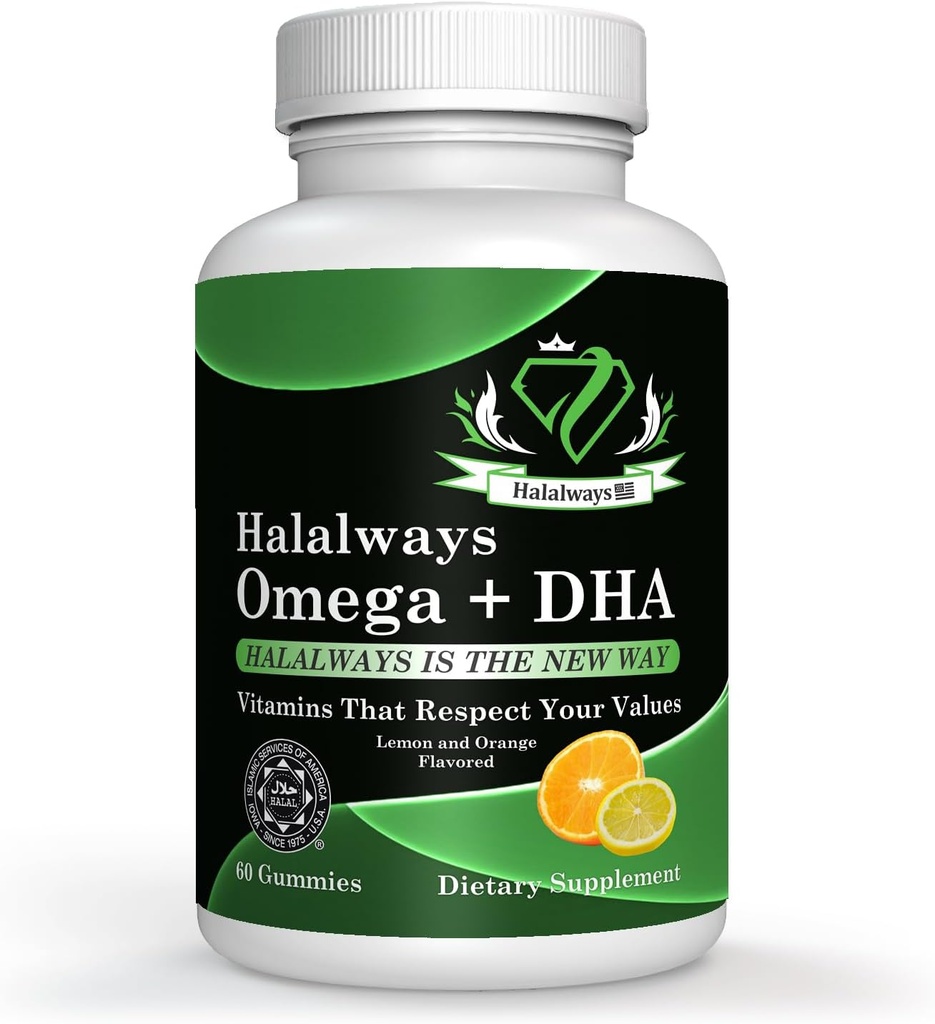 Hallalways Omega + DHA Gummies - Triple Kekuatan Omega 3 Ikan Vitamin dengan DHA Fatty Acids, Nature 's Heart Health, Orange & Lemon Flavor Disertifikasi Supplemen Halal