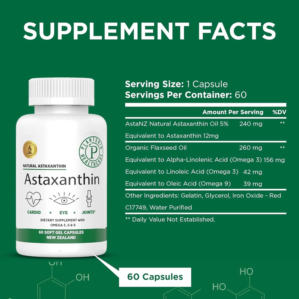 Selandia Baru - Astaxanthin 12mg dari Mikroalgae Haematococcus Pluvialis - 60 Soft Gels - GMO & GLOten Free - Antioksidant - Mendukung Gerakan Gabungan & Post Exercise Recovery, Skin & Eye Health