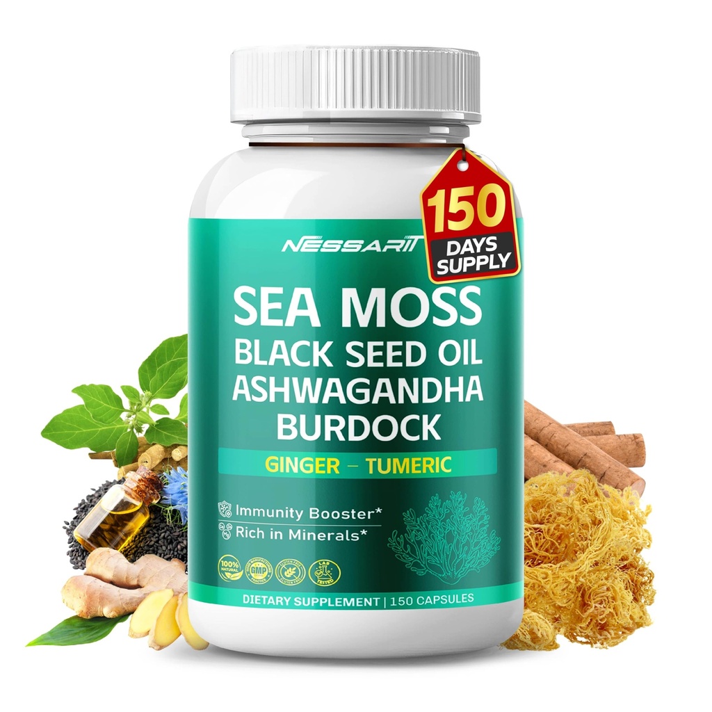 "Sea Moss Supplement" - 16-1 Natural Blend with Black Seed Oil Ashwagandha Burdock Bladderwrack Ginger Dandelion - 150 Count - Dibuat & Testing di Amerika Serikat