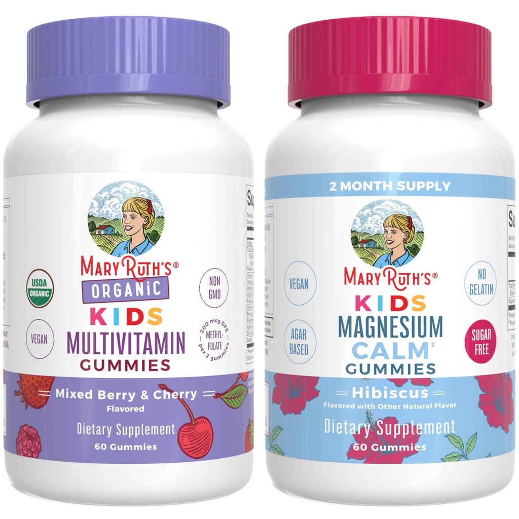 Impian MaryRuth untuk Kids-USDA Organic Multivitamin (Mixed Berry & Cherry), & Magnesium Calm (Hibiscus)