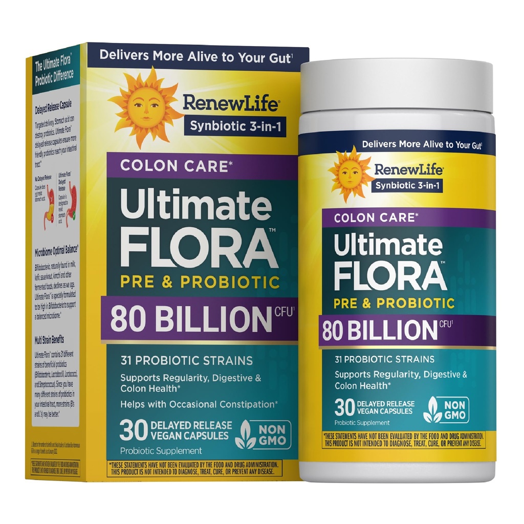 Renew Life Probiotic Colon Care Probiotic Capsules, Daily Suplemen Offers Colon, L. Rhamnous GG, Dairy, Soy dan gluten- free, 80 Milyar CFU, 30 Count