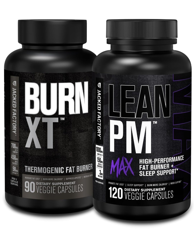 Jacked Factory Burner XT Thermogenic Fat - Appetit Suppresan & Nootropic Energy Booster (90 Capsules) & Lean PM Max Performance Weight Los, Sleep 124; (120 Capsules)