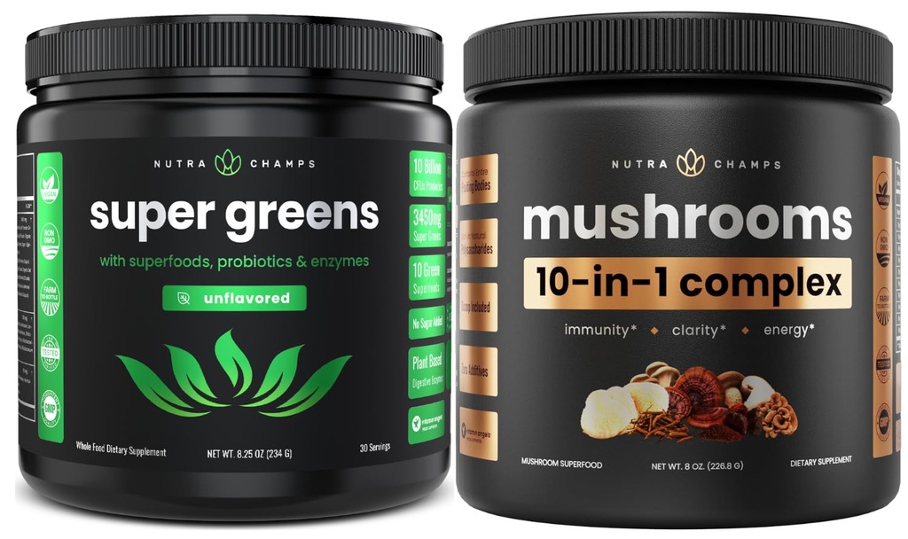NutraChamps Super Greens Unfeatored & Super Jamur: Ultimate Brain, Gut & Boost