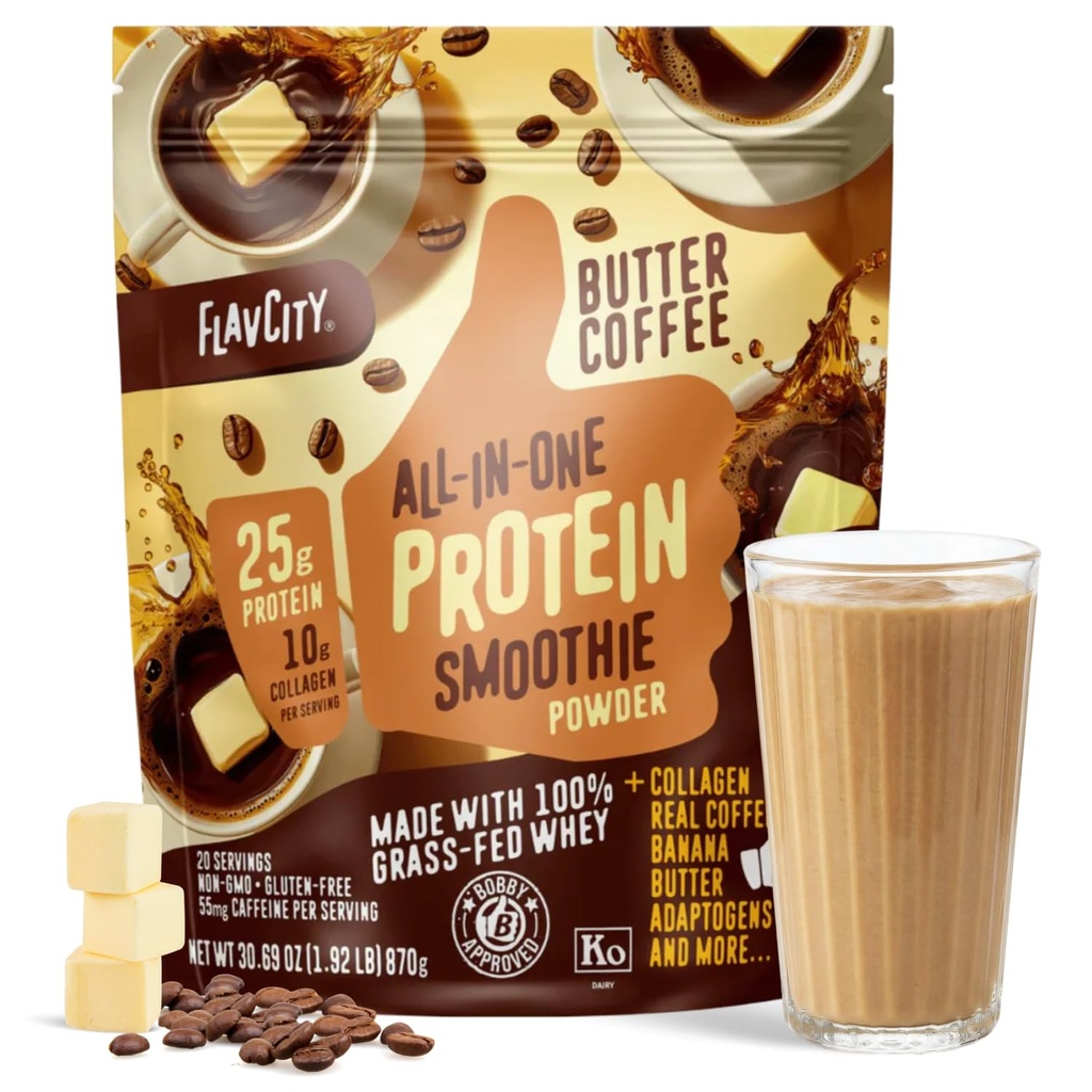 FlavCity Fed Whey Protein Powder - Butter Coffee - 25g Protein, Kafein 10g Collagen & 87mg - Dibuat dengan Reishi Organik & Cordyceps - Gluten Free & No Diadded Sugars (20 Pelayan)