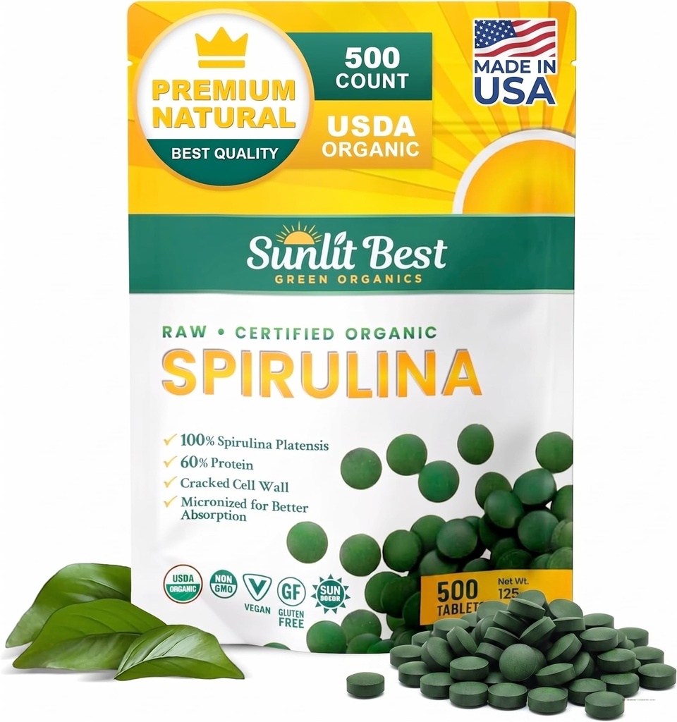 Sunlit Best Spirulina Tablet - Organic Spirulina Tablet USDA Premium 500 Count - Natural Spirulinas Burst Organik untuk Hamilune Dukung Muscle Growth, Energy Boost w / Chlorophyll