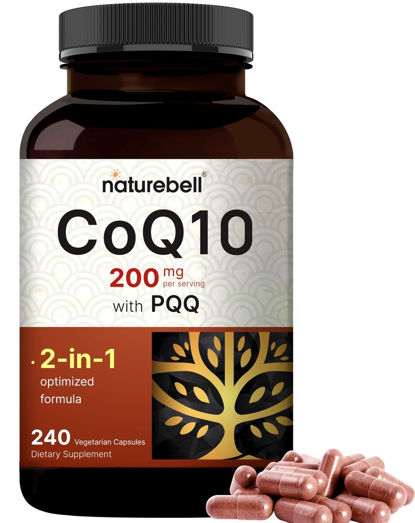 NatureBell CoQ10 200mg dengan PQQ, 240 Veggie Capsules 124; Bentuk Absorpsi Tinggi Stabil - Dukungan Antioksidant untuk Heart, & Energy Health - Tambahan Kekuatan Koenzim Q10