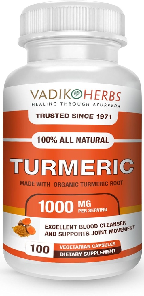 Vadik Herbs Organic Turmeric Curcumin 1000 mg 124; (100 vegicaps) Dally 124; Made in USA Serum 124; Trusted Sejak 1971