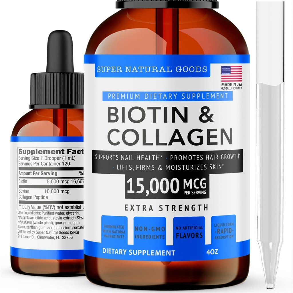 Super Natural Goods Biotin & Collagen Vitamin - Hair Los, Gut Health, Anti-Aging, Skin Care & Nails - Dibuat di AS, Non- GMO Bebas (4 Ounce- 1500mcg)