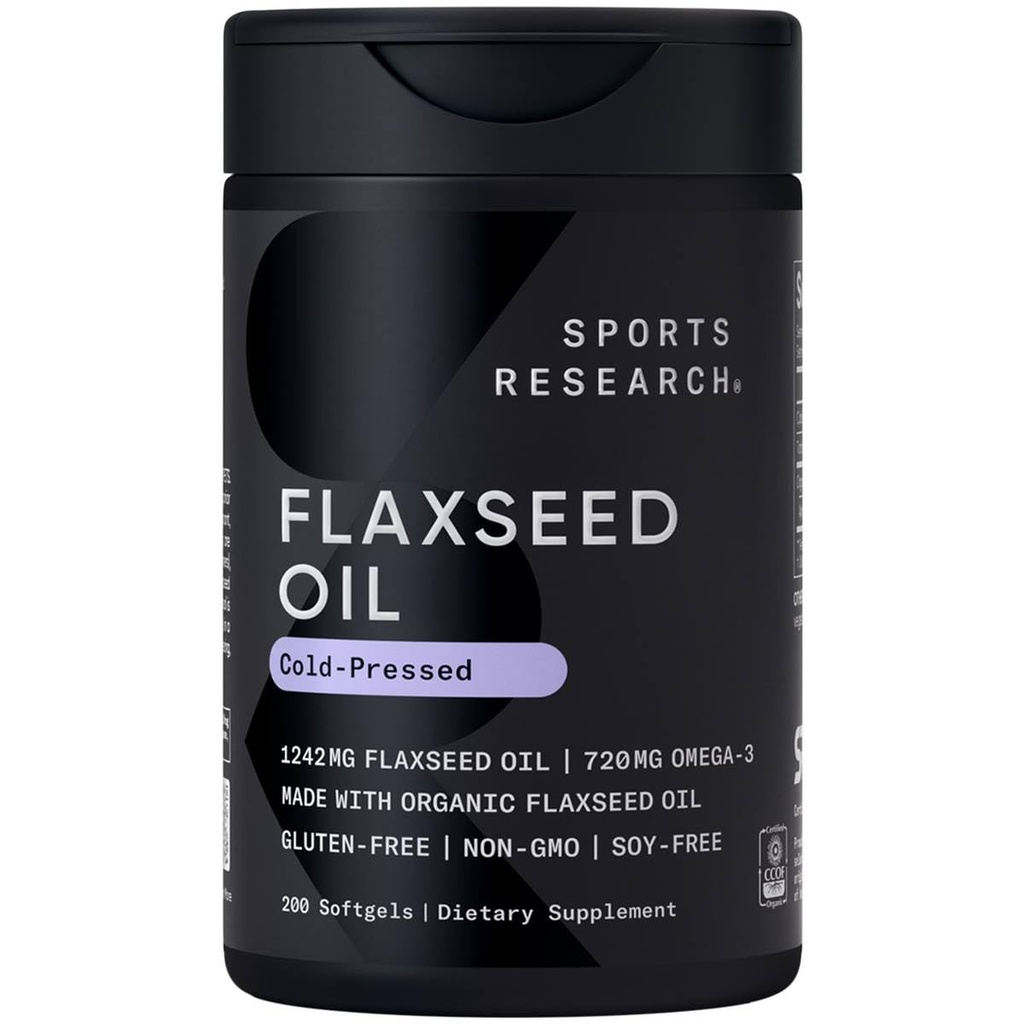 Penelitian Olahraga Flaxseed Oil Softgels 1242mg - Tanaman Berdasarkan Tambahan Omega 3 untuk Perempuan & Men - Non-GMO Diverifikasi, Soy & Gluten Bebas (200 Count)