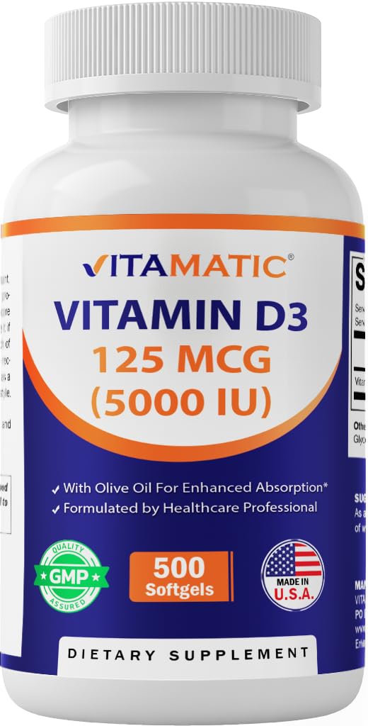 Vitamin Vitamin D3 5000 IU (125 mcg) - 500 Mini Softgels Olive Oil - Based Formula - Cold-Press - 500- Day Suppply - Support Bone, Muscle & Imune Kesehatan - Non-GMO & Gluten- Free