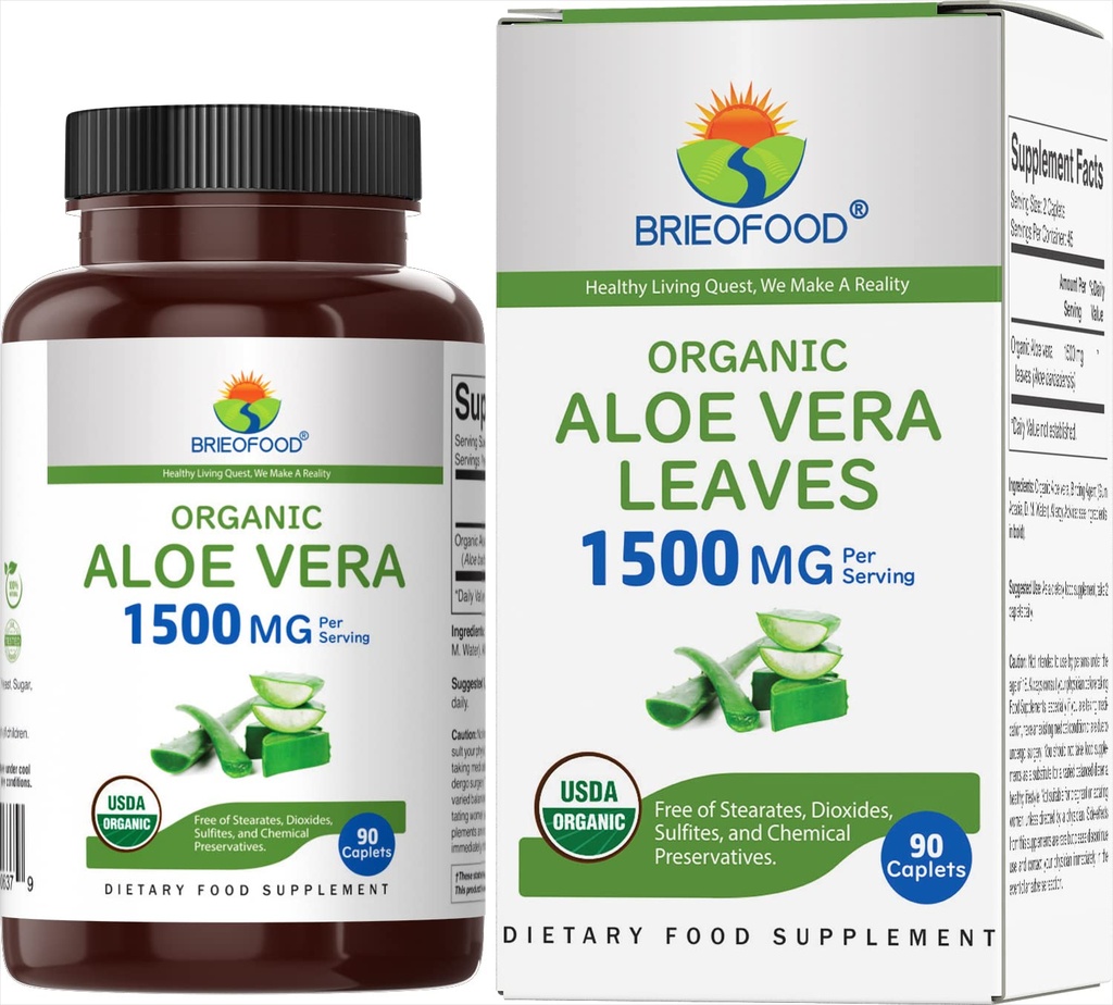 Brieofood Organic Aloe Vera 1500mg, 45 Hamba, Vegetarian, Gluten Free, 90 tablet Vegetarian