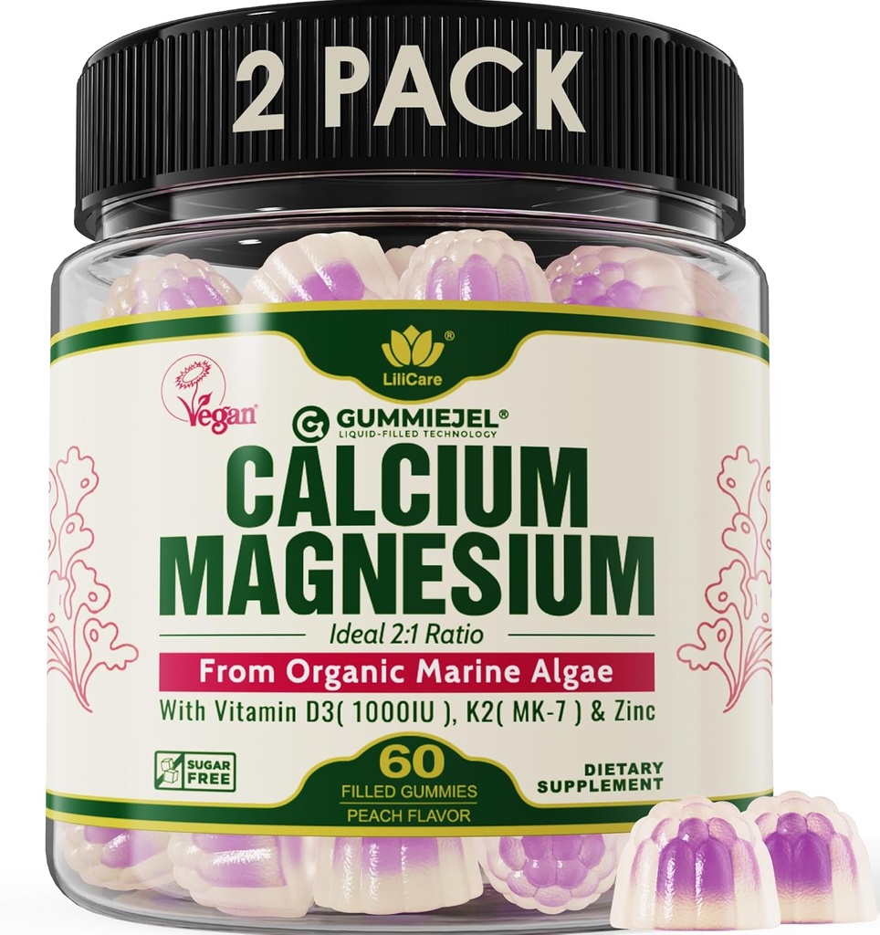 2 Paket - Tanaman Berdasarkan Calcium Gummies 600mg dengan Vitamin D3, Magnesium, Zinc untuk Kekuatan Tulang, Suplemen Kalsium Bebas Gula untuk Perempuan & Pria (Sertifikasi Vegan) dari Alga Merah Organik Yang Disediakan