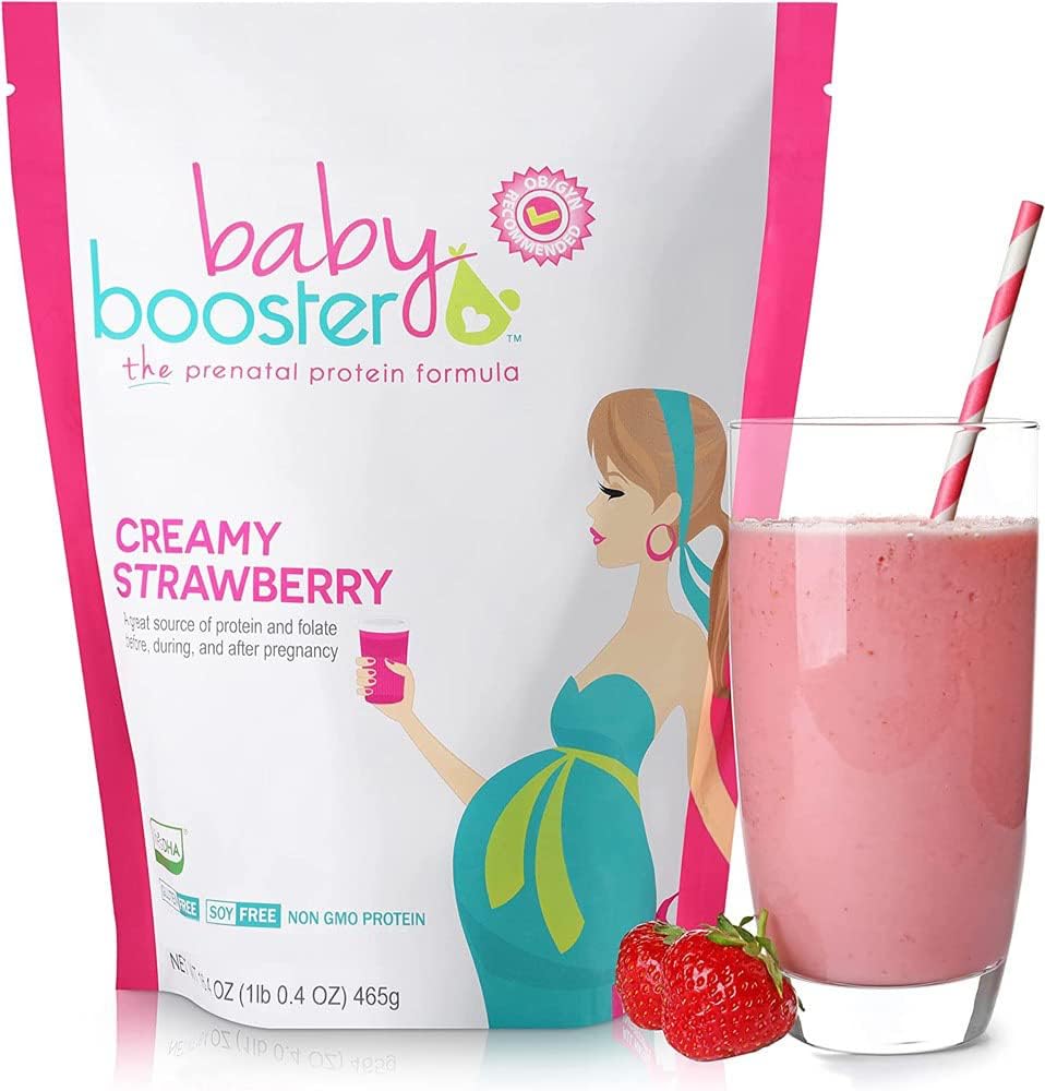 Protein Powder Powder Baby Booster Pounder Vitamin Shake - OB / GYN Disetujui Prenatal & Postnatal Lactation Gunakan - Morning Sickness Relief dengan Vegan DHA dan Metil Founte - Creamy Strawberry, 1 lb