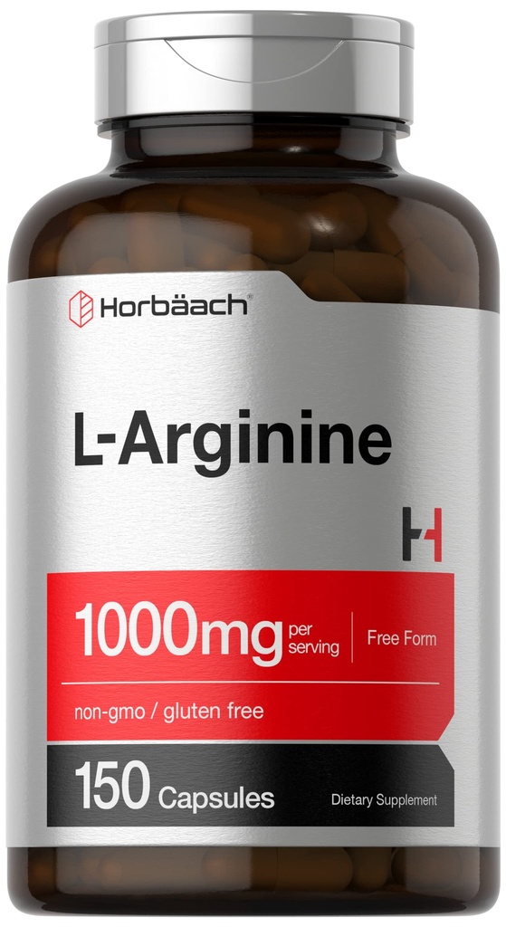 Horbäach L-Arginine 1000mg 124; 150 Capsules = 124; Free Form Dietary Supplement = Bebas