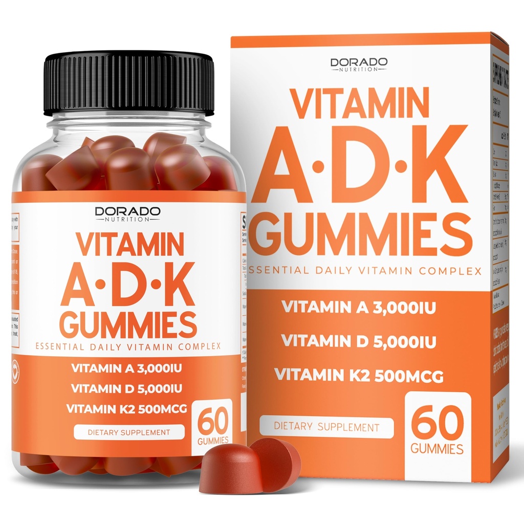 ADK Gummies Vitamin D3 K2 (60 Sugar Free Gummies) Vitamin D3 1000iu / 5000iu - Suplemen D & K - 10 Vegan Suplemen - Deticious Raspberry Flavor - Non GMO & USA Dibuat - 60 Count