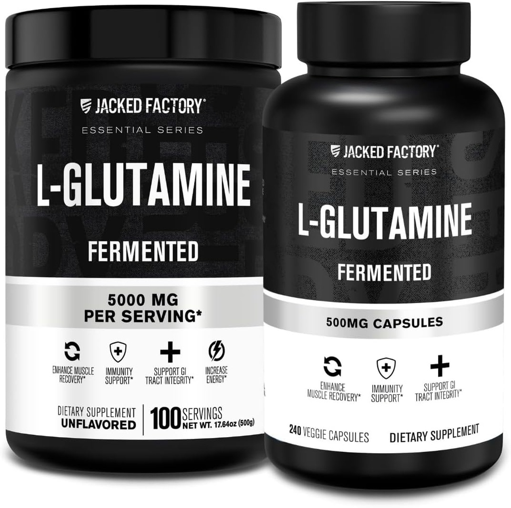 Jacked Factory L-Glutamine Powder 100 Serbu dan L- Glutamine Capsules 500mg (240 Capsules) untuk Post Workout Muscle Recovery, Imunity, Digetical Health