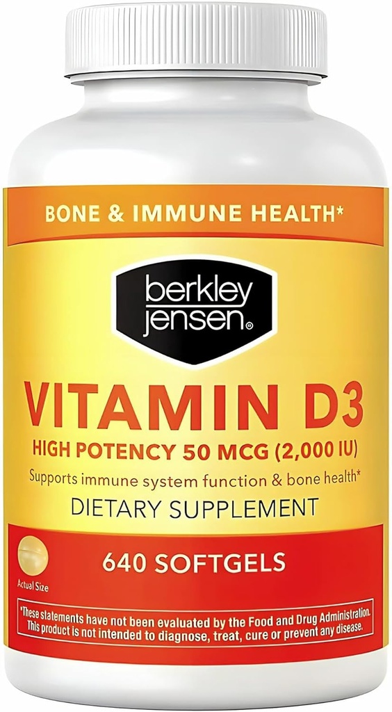 Potency Tinggi Berkley Jensen Vitamin D3 2000IU (50 mcg), Suffels Di40 Softgels for Teeth, Muscle, Immune Function, and Bone Health, for Men and Women, Made in USA, 640 Day Suppply