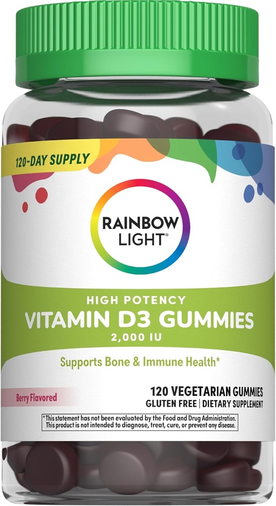 Rainbow Light Vitamin D Gummies, Potency Tinggi Vitamin D3 2,000IU Dukungan Kesehatan Ammuniune, Membantu Dukungan Tulang Kuat & Teeth, Gluten Bebas, Vegan, Berry, 120 Gummies