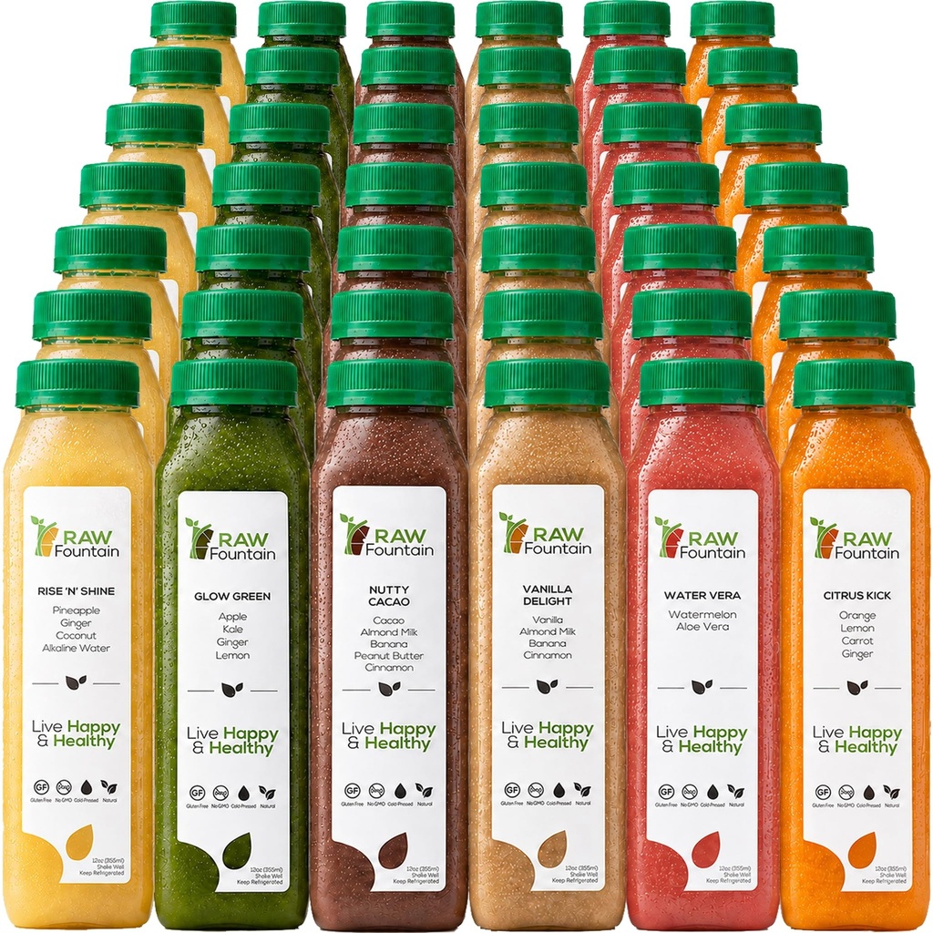 7 Day Protein Juice Cleanse by Raw Fountain, All Natural Raw Detox Cleanse, Cold Menekan Fruits, Vegetables, Vanilla dan Chocolate Flavor, Tasty and Energizing, 42 Bottles 12oz, 3 Ginger Shots