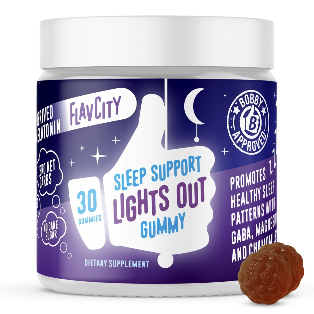 FlavCity Melatonin Sleep Gummies for Adults, Lights Out Gummy - Chewable Sleep Supplement with Plant - Based GABA, Magnesium & Chamomile for Deep & Restful Bedtime, 30- Day Suppply