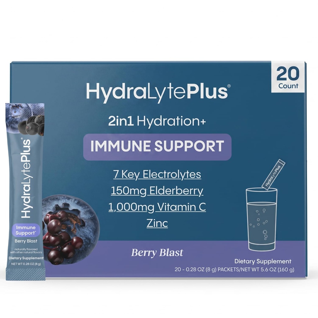 Hydralyte Electrolytes Plus Imunity, Elderberry - Powder Rehydration Sugar Rapid Low - Lightly Sparkling Electrolite Powder Packets with 1.000mg Vitamin C dan 300 mg Elderberry (8oz Serve, 20 Count)