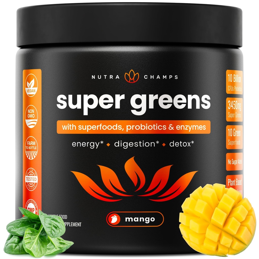 NutraChamps Super Greens Powder Premium Superfood 124; 20 + Organic Green Vedgie Whole Foods 124; Wheat Grass, Spirulina, Chlorella Antioxidant, Digeoxyme & Probiotic Blends (9.0 OZ, Mangga)