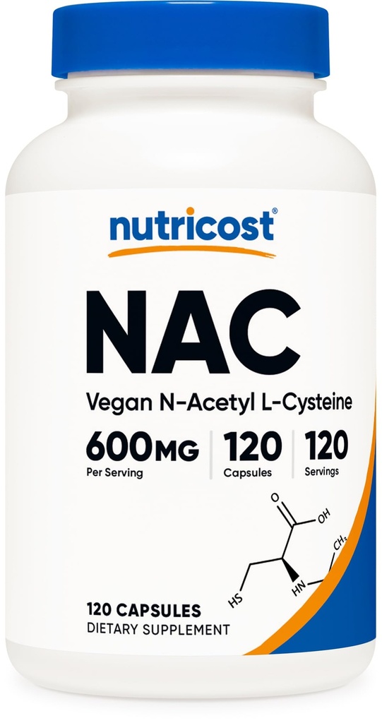 Nutricost N-Acetyl L-Cysteine (NAC) 600mg, 120 Vegetarian Capsules - Non-GMO, Gluten Free, Vegetarian Caps