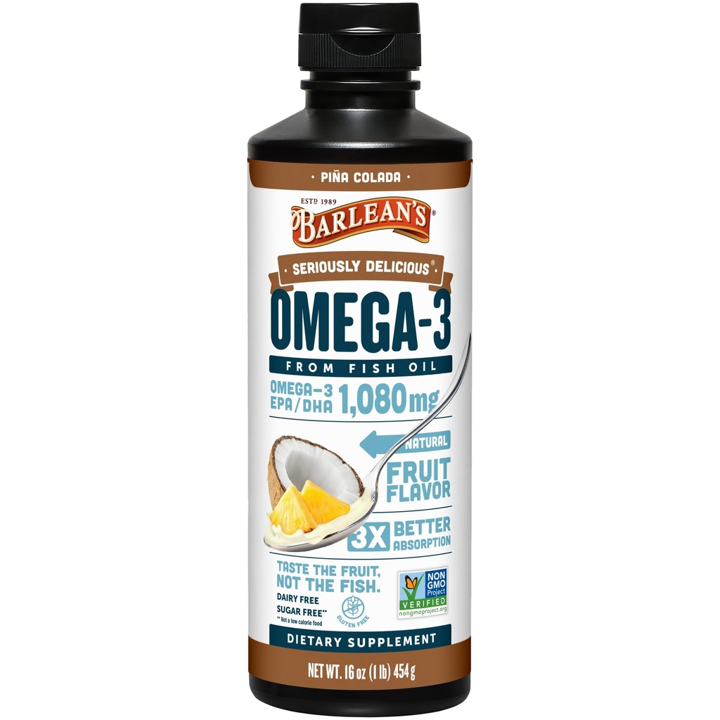Tambahan Ramuan Minyak Ikan Barlean Omega 3 untuk Pria dan Wanita, Pina Colada, 1080mg EPA dan DHA Acid Gendut, 16 oz