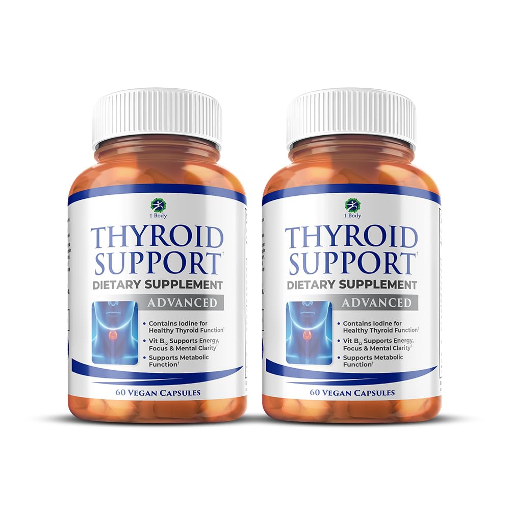 Tambahan Dukungan Tubuh 1 Thyroid, Tambahan 90 Hari, 2 Kemas dengan B12, Iodin, Zinc, Selenium, Ashwagandha, Formula Vegetarian Non- GMO