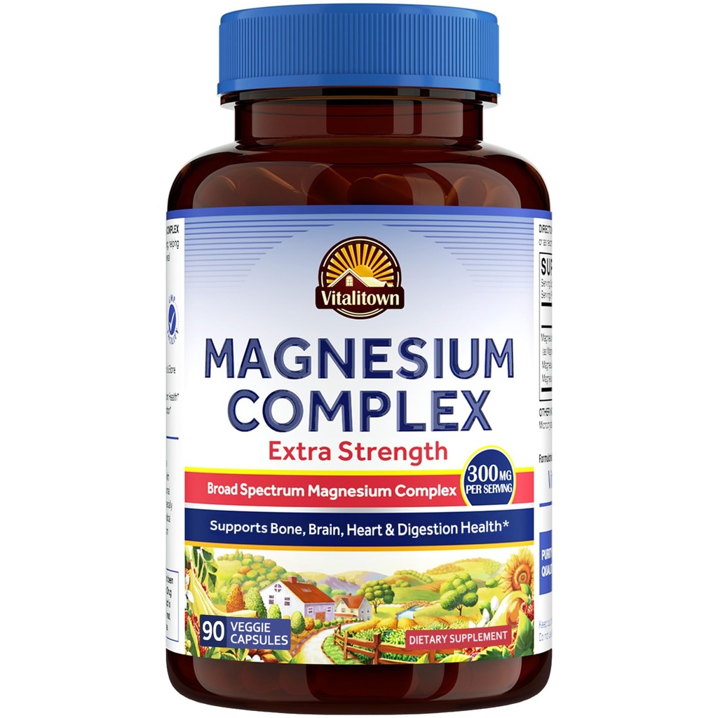 Vitalitown Magnesium Complex Suplement Non- GMO, No Gluten, 90 Vegan Magnesio Capsules for Bone Brain Heart
