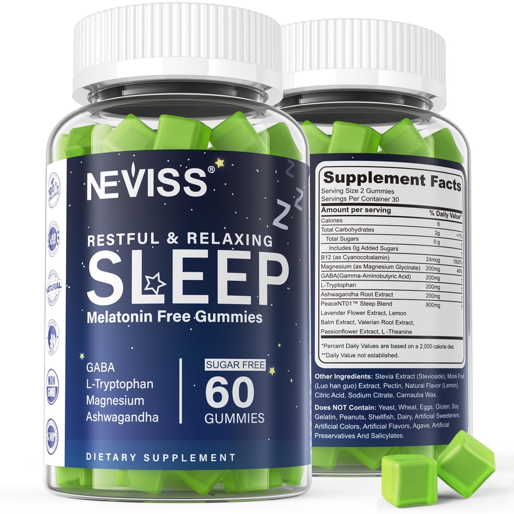 Ada Melonasin Free Sleep Aid Gummies untuk Orang Dewasa - Magnesium Glycinate Gummies 124; GABA, L-Tryptophan, Magnesium, Ashwagandha - Non- Habit Forming, Bantuan Peresmian Dalam - Vegan, Lemon Flavor, 1Pack
